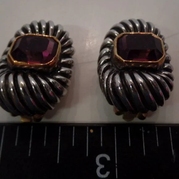 Vintage Gold & Silver Tone W Purple Stone CLIP On Earrings. Miss Jacksons Tulsa - Picture 9 of 12